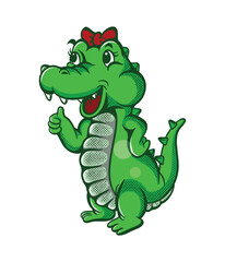 cartoon illustration design of a cute female crocodile giving a thumbs up very happy