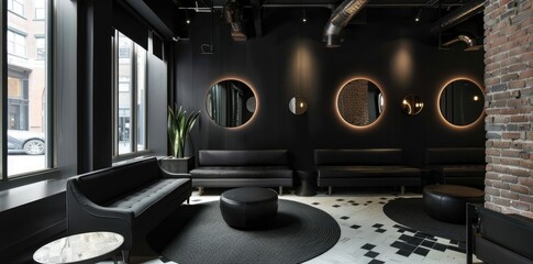 Black modern interior design of luxury office space with round mirrors and black sofa in new york...