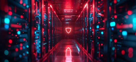 Protection network security and safe your data from ransomware concept. Cyber protection shield icon on server. Information Security and virus detection for (BEC)Business Email Compromise