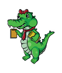 cute female crocodile cartoon illustration design carrying a book