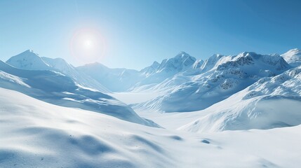 Fototapeta na wymiar A snow-covered mountain range under a clear blue sky, with sunlight glinting off the pristine white slopes in a winter wonderland scene. 32k, full ultra HD, high resolution