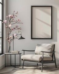 3D render Frame mockup, blank paper. Living room wall poster mockup. Sacndinavian style. Interior mockup with house background. Modern Interior design.