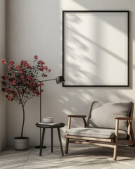 3D render Frame mockup, blank paper. Living room wall poster mockup. Sacndinavian style. Interior mockup with house background. Modern Interior design.