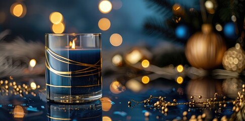 Blue candle with golden line on glass, product photo with dark background and blurred gold decorations in the backround