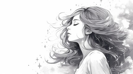 Monochrome illustration of a dreamy woman with flowing hair in a starry sky. Perfect for artistic and ethereal themes.