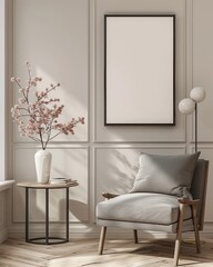 3D render Frame mockup, blank paper. Living room wall poster mockup. Sacndinavian style. Interior mockup with house background. Modern Interior design.