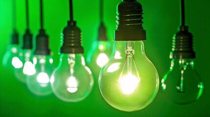 A group of green light bulbs hanging with green background