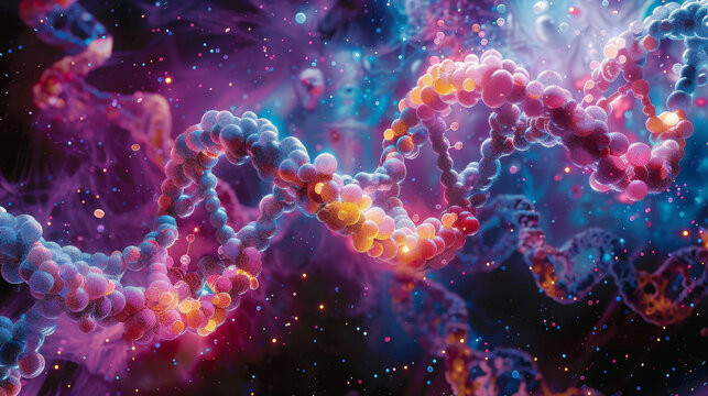 a glowing double helix of pink and blue DNA strands floating in a starry purple space.