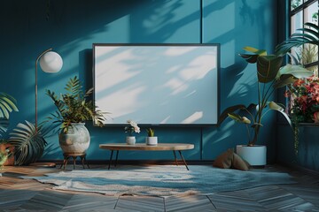 Front view on blank white TV screen with place for your logo or text on blue wall background in cozy living room with coffee table and vintage style armchairs. 3D rendering, mock up 