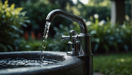 photo of a tap with running water in the garden made by AI generative