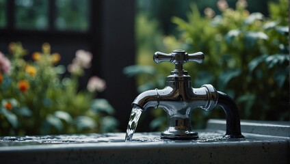 photo of a tap with running water in the garden made by AI generative - Powered by Adobe