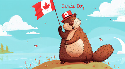 copy space, vector illustration, beaver holding canadian flag, text " Canada Day". Beautiful design for Canada day, banner, background, mockup.