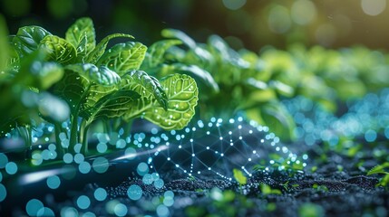 Close-up of green plant seedlings with digital data overlay, representing modern precision agriculture and innovative farming technology.