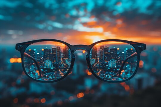 Look through glasses at blurred city with mock up place on sky texture. Vision and perspective concept. 3D Rendering