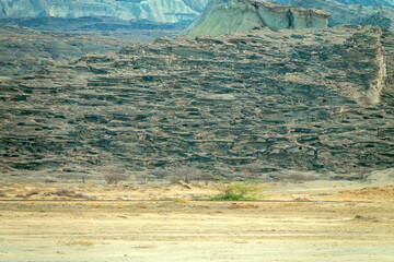 Volcanology. Volcanic landscape, traces of an old eruption, solidified lava. Qeshm, Iran