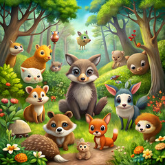 Many cute animals in the forest