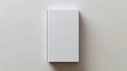 Blank white book lying on a light grey table in natural daylight.