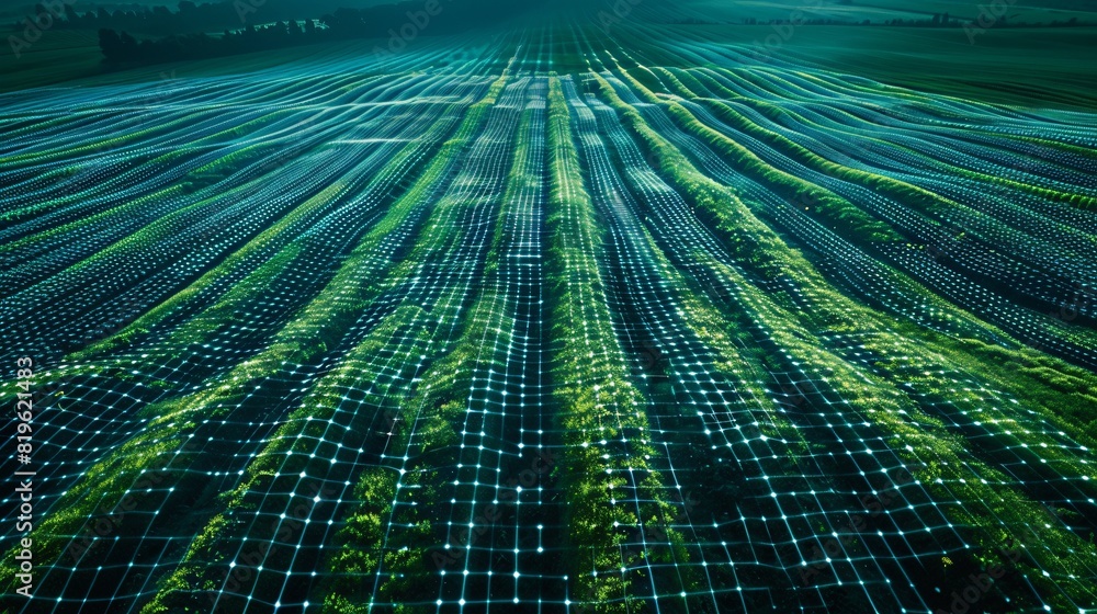 Poster futuristic digital data stream matrix visual, abstract technology grid background with glowing green