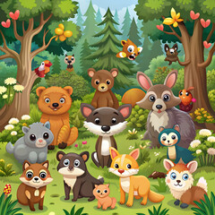 Naklejka premium Many cute animals in the forest