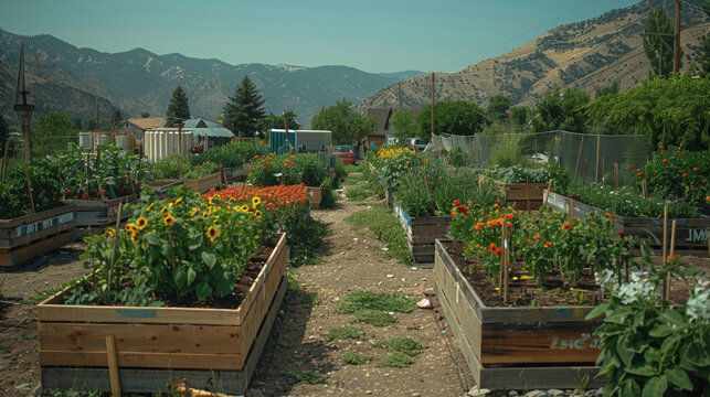 A community garden party, with neighbors sharing gardening tips and enjoying the fruits of their labor