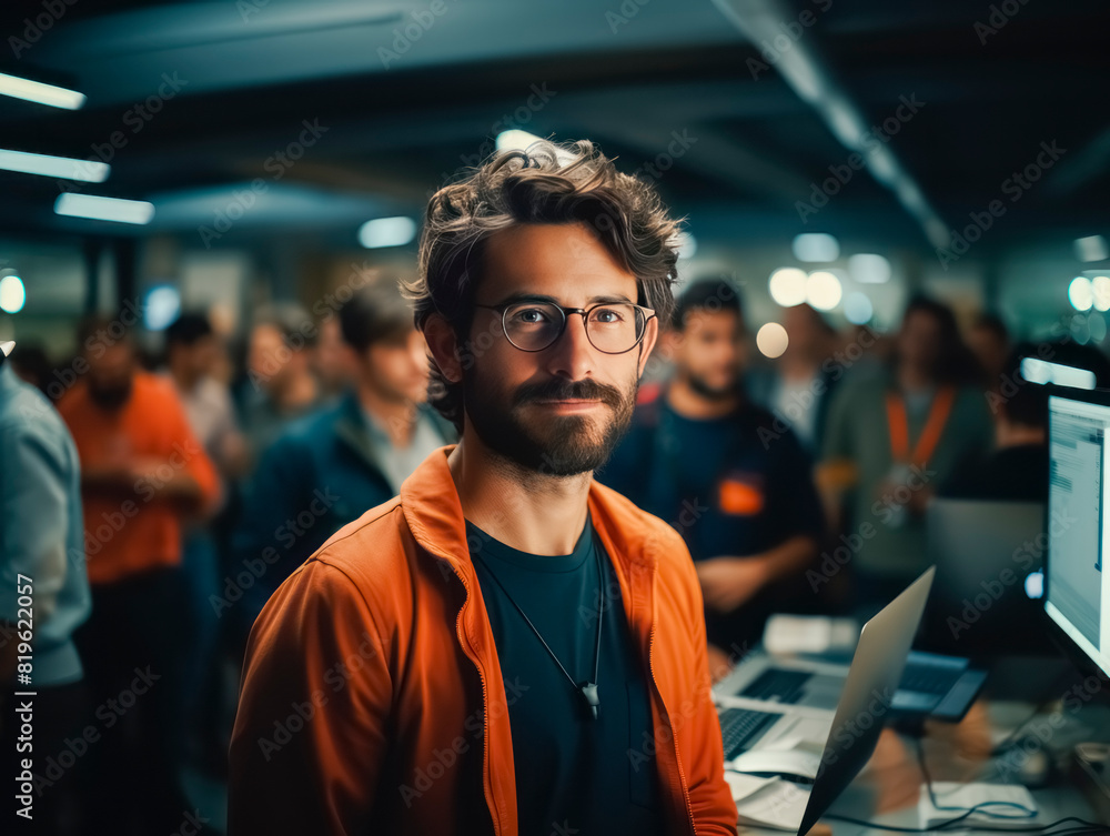 Aufkleber a smiling man in an orange jacket at a laptop with people in the background, office environment, con