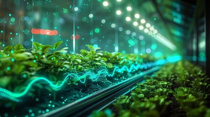 High-tech hydroponic farm with green plants, LED lights, and data visualization representing modern agriculture technology.