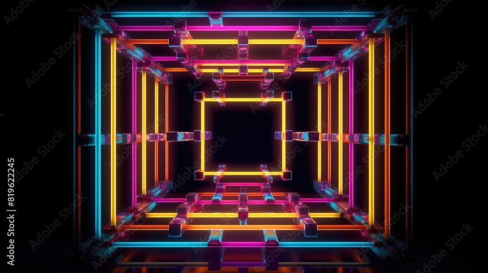 Poster futuristic neon light portal in a reflective surface. luminous neon light portal with square shape w