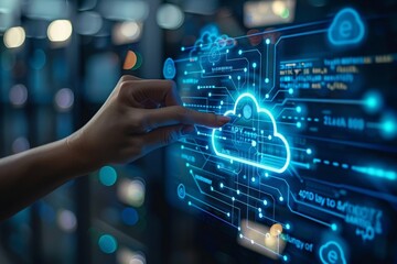 Businessman touching on cloud computing icon, data diagram show on virtual screen. Cloud technology. Data storage. Networking and internet service concept. IOT, information system, data analyst
