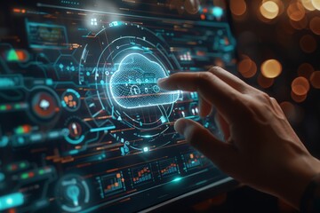 Businessman touching on cloud computing icon, data diagram show on virtual screen. Cloud technology. Data storage. Networking and internet service concept. IOT, information system, data analyst