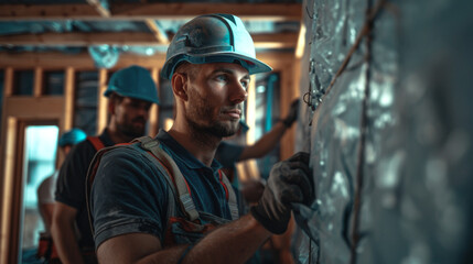 The worker is securing beams and checking alignments, with the backdrop of a bustling construction site below and a clear blue sky above 