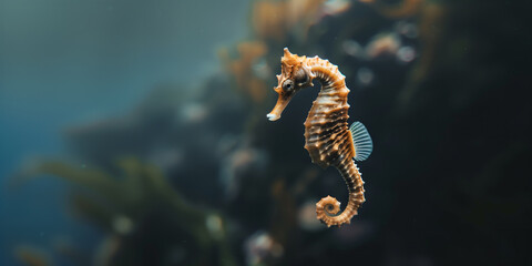 the seahorse swimming underwater, clear ocean water seabed, copy space for text