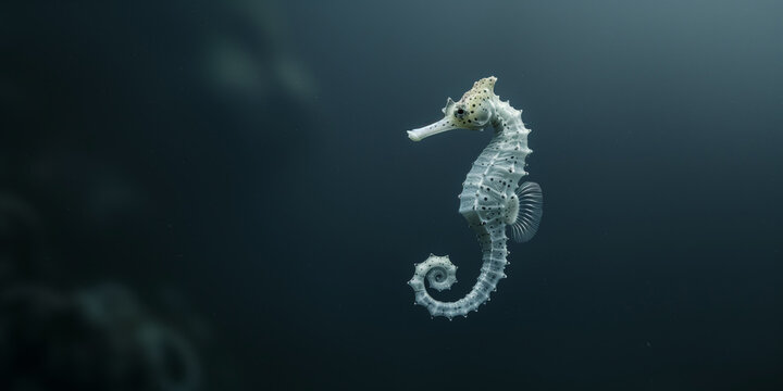 the seahorse swimming underwater, clear ocean water seabed, copy space for text