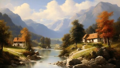 Fototapeta premium Berglandschaft, Wald, Fluss. Hintergrund für das Design 2.