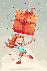 Joyful Young Girl Leaping by a Huge Birthday Present, Celebrating with Excitement, Festive Banner Design