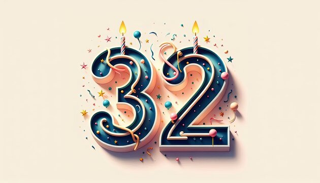  Close-up photo of a white cake with number 32 candles and colorful confetti