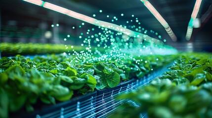 Innovative vertical farming technology enhancing lettuce growth with modern LED lighting and advanced irrigation systems.