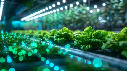 LED-lit indoor hydroponic farm with fresh green lettuce plants, showcasing modern agriculture and sustainable growth techniques.