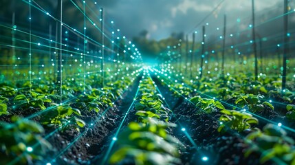 Modern agriculture technology with digital data overlay on green farming field, showcasing futuristic precision farming techniques.