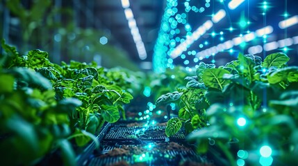 Vibrant indoor hydroponic farm with lush green plants and advanced LED lighting technology, promoting efficient and sustainable agriculture.
