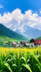 Fototapeta premium Abstraktion Landschaft Maisfeld in den Bergen und Dorf. Hintergrund für das Design 4.