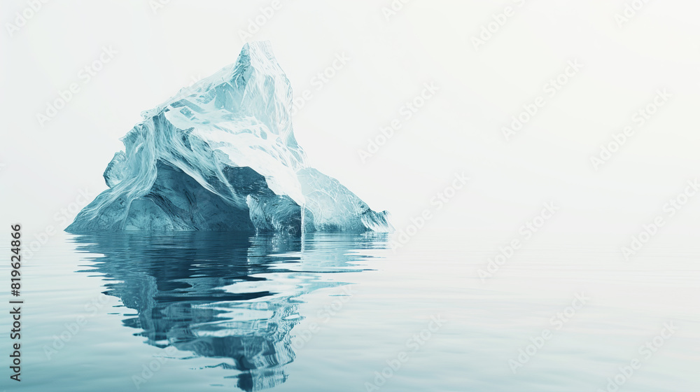 Poster a serene iceberg reflected in calm water on a subtle blue-white gradient background, encapsulating t