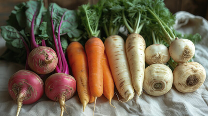 root vegetables carrots, parsnips, and turnips on a clean white cloth, their earthy tones and textures celebrating the rustic, wholesome goodness of garden-to-table eating