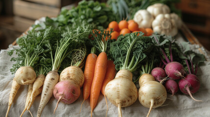 root vegetables carrots, parsnips, and turnips on a clean white cloth, their earthy tones and textures celebrating the rustic, wholesome goodness of garden-to-table eating