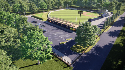aerial view Ballpark or baseball field daylight , modern public sport 3D render with facility