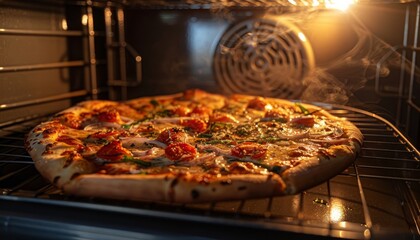 Golden-brown delicious pizza baking to perfection in a home oven, capturing the appeal of homemade comfort food