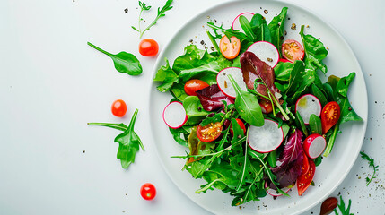 Fresh green salad with radishes, cherry tomatoes, and mixed greens on a white plate