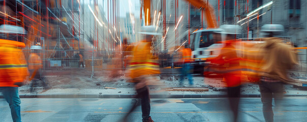 Image of the movement of engineers and construction workers in the construction zone. Ai generate.