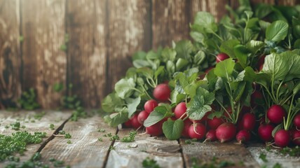 Envision a delightful display of fresh radishes piled high on a rustic wooden background, their lush green tops and leaves adding a touch of vibrant color to the scene.
