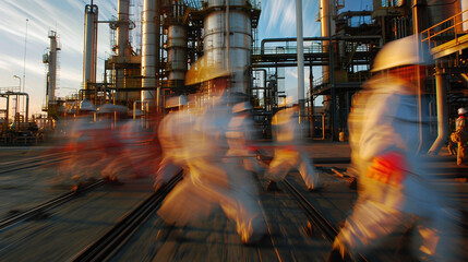 Blurred motion of the energy engineers who were originally at the oil depot traveling to work on their duties. Ai generate.