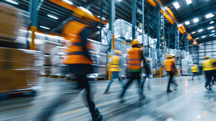 Motion blur of logistics employees working in an international warehouse. Ai generate.